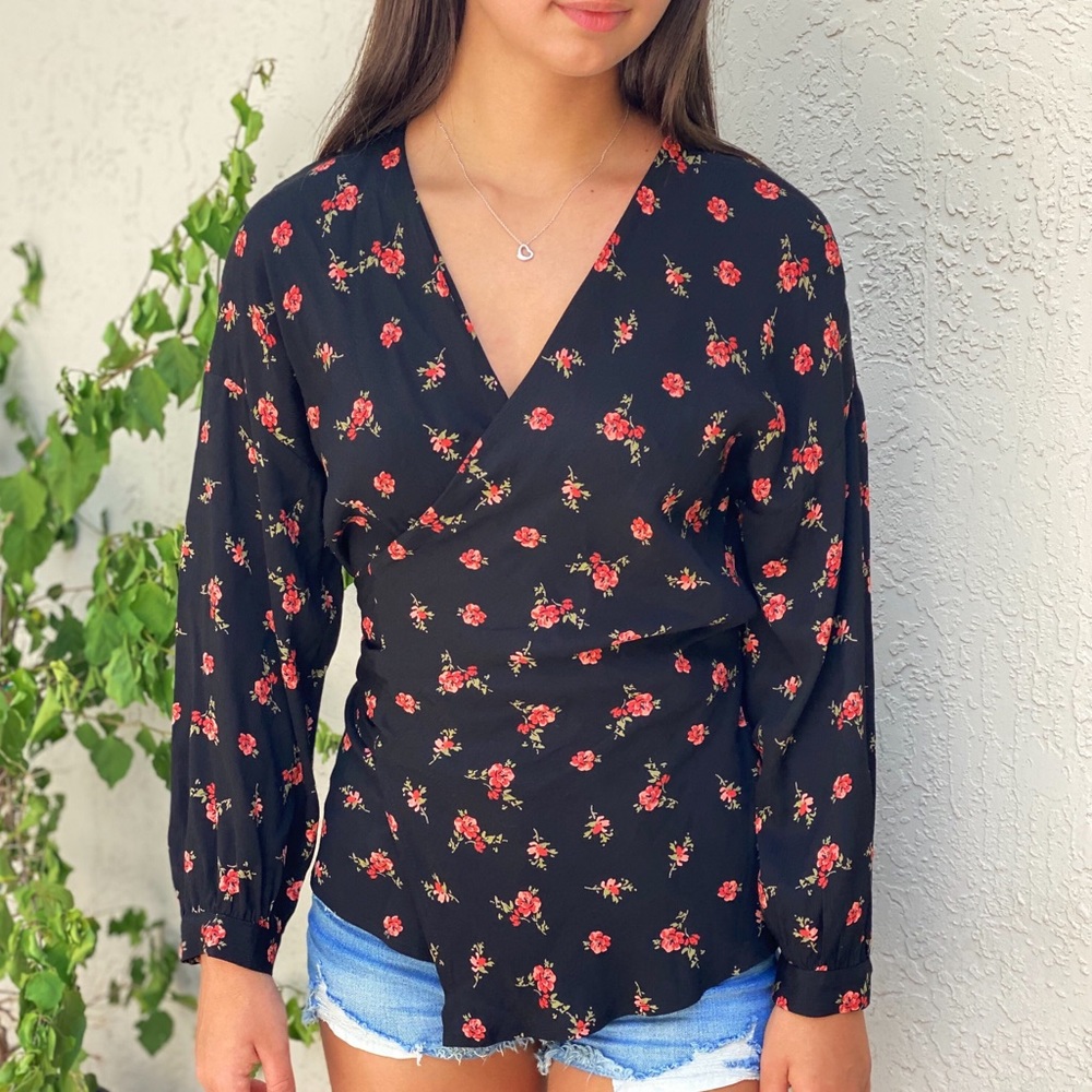 Zara | Black Floral Long Sleeve Wrap Top - Picture 3 of 4